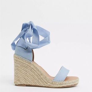 ASOS DESIGN blue 8 Wide Fit ribbon lace tie leg espadrille wedge sandals